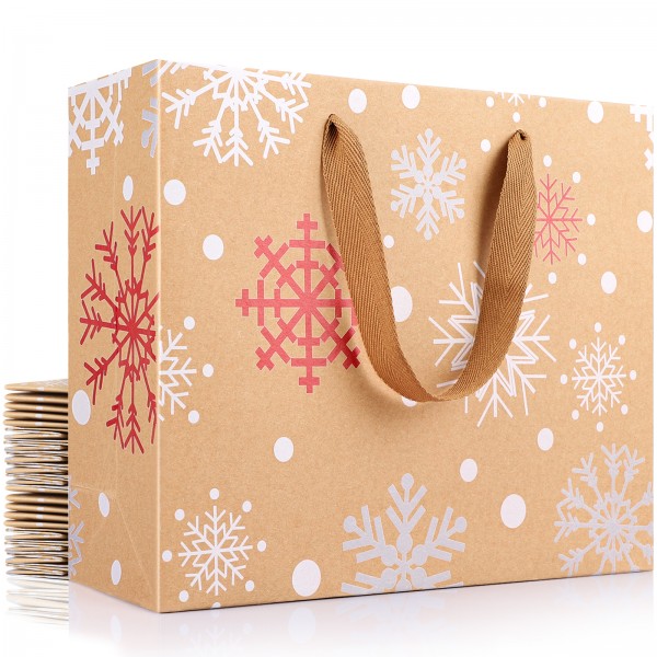 EUSOAR Christmas Gift Wrap Bags, 10.6"x3.1"x8.3" 20pcs Shopping Bags with Handles, Shopping Packaging Present Bags, Environmental Kraft Bags, Birthday Anniversary Party Favor - Snowflake Pattern