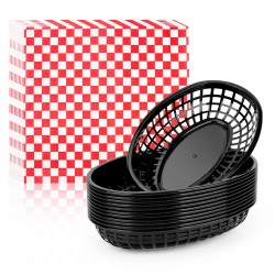 EUSOAR Burger Baskets & Paper Liners, 12pcs 9.4"x5.9" Reusable Black Plastic Food Serving Baskets and 10"x11" 100pcs Red&White Deli Paper Liners for Restaurant Food Serving Burgers&Fries