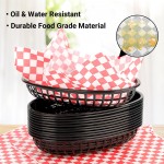 EUSOAR Burger Baskets & Paper Liners, 12pcs 9.4"x5.9" Reusable Black Plastic Food Serving Baskets and 10"x11" 100pcs Red&White Deli Paper Liners for Restaurant Food Serving Burgers&Fries