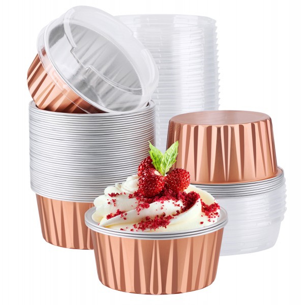 100pcs 5oz Aluminum Muffin Cups with Lid, Muffin Liners Cups with Lids, Disposable Foil Ramekins, Aluminum Cupcake liners, Creme Brulee Ramekins, Aluminum Foil Cupcake Baking Cups Holders Pans