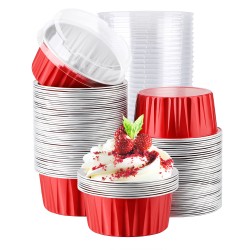 Cupcake Liners Aluminum with Lids, EUSOAR 100Pcs 5oz 125ml Aluminum Foil Muffin Liners Cups, Disposable Aluminum Foil Cupcake Baking Cups Ramekins Holders Cases Boxes Pans with Lids