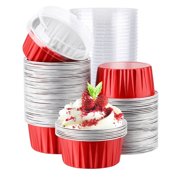 Cupcake Liners Aluminum with Lids, EUSOAR 100Pcs 5oz 125ml Aluminum Foil Muffin Liners Cups, Disposable Aluminum Foil Cupcake Baking Cups Ramekins Holders Cases Boxes Pans with Lids