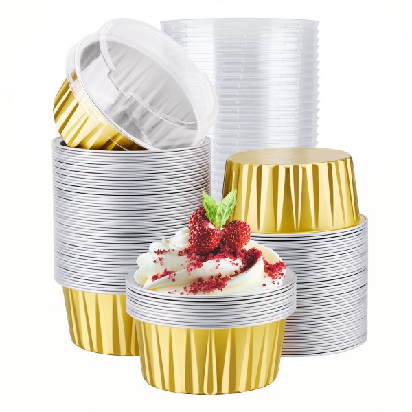 100pcs 5oz Aluminum Muffin Cups with Lid, Muffin Liners Cups with Lids, Disposable Foil Ramekins, Aluminum Cupcake liners, Creme Brulee Ramekins, Aluminum Foil Cupcake Baking Cups Holders Pans