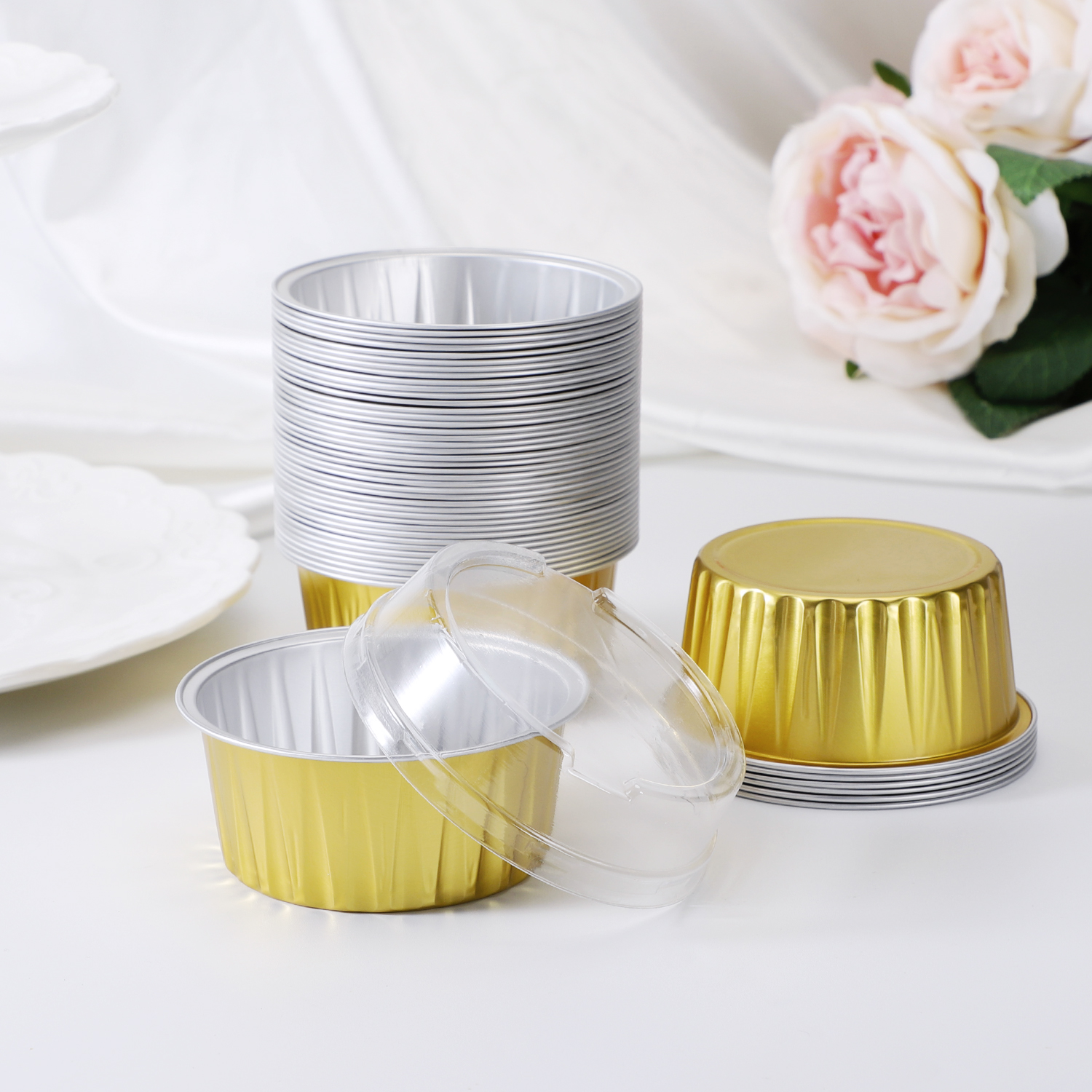 Lotfancy Aluminum Foil Cupcake Baking Cups with Lids and Spoons, 5oz/125ml, 50 Pack Disposable Creme Brulee Ramekins, Oven Safe Mini Cake Tins