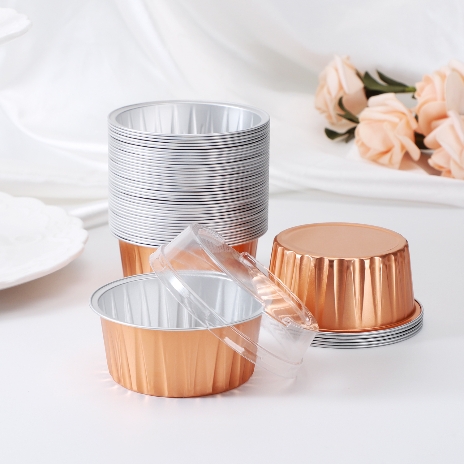 DEAYOU 100 Pieces Aluminum Foil Baking Cups with Lids, 5oz Disposable  Ramekins Muffin Cups, 3 Cupcake Foil Liners Tart Pie Tin Pan Holder for