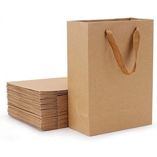 Kraft Paper Bags, Eusoar 25pcs 10.9" x 3.9" x 7.9" Brown Kraft Paper Shopping Bags with Soft Cloth Handles, Kraft Bags, Party Bags, Retail Handle Bags, Merchandise Bag, Wedding Party Bags