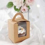 50pcs Kraft Paper Cupcake Boxes, Eusoar Portable Single Individual Paper Cupcake Holder Containers, Muffin Gift Boxes with Window Inserts Handle, for Wedding Birthday Party Candy Boxes