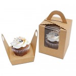 50pcs Kraft Paper Cupcake Boxes, Eusoar Portable Single Individual Paper Cupcake Holder Containers, Muffin Gift Boxes with Window Inserts Handle, for Wedding Birthday Party Candy Boxes