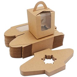 50pcs Kraft Paper Cupcake Boxes, Eusoar Portable Single Individual Paper Cupcake Holder Containers, Muffin Gift Boxes with Window Inserts Handle, for Wedding Birthday Party Candy Boxes
