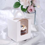50pcs Individual Cupcake Boxes, Eusoar Portable Single Paper Cupcake Holder Containers, Muffin Gift Boxes with Window Inserts Handle, for Wedding Birthday Party Candy Boxes