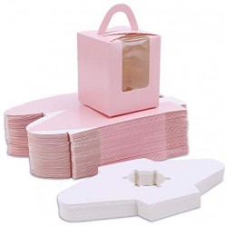 50pcs Single Cupcake Boxes, Eusoar Portable Single Individual Paper Cupcake Holder Containers, Muffin Gift Boxes with Window Inserts Handle, for Wedding Birthday Party Candy Boxes Family Treats