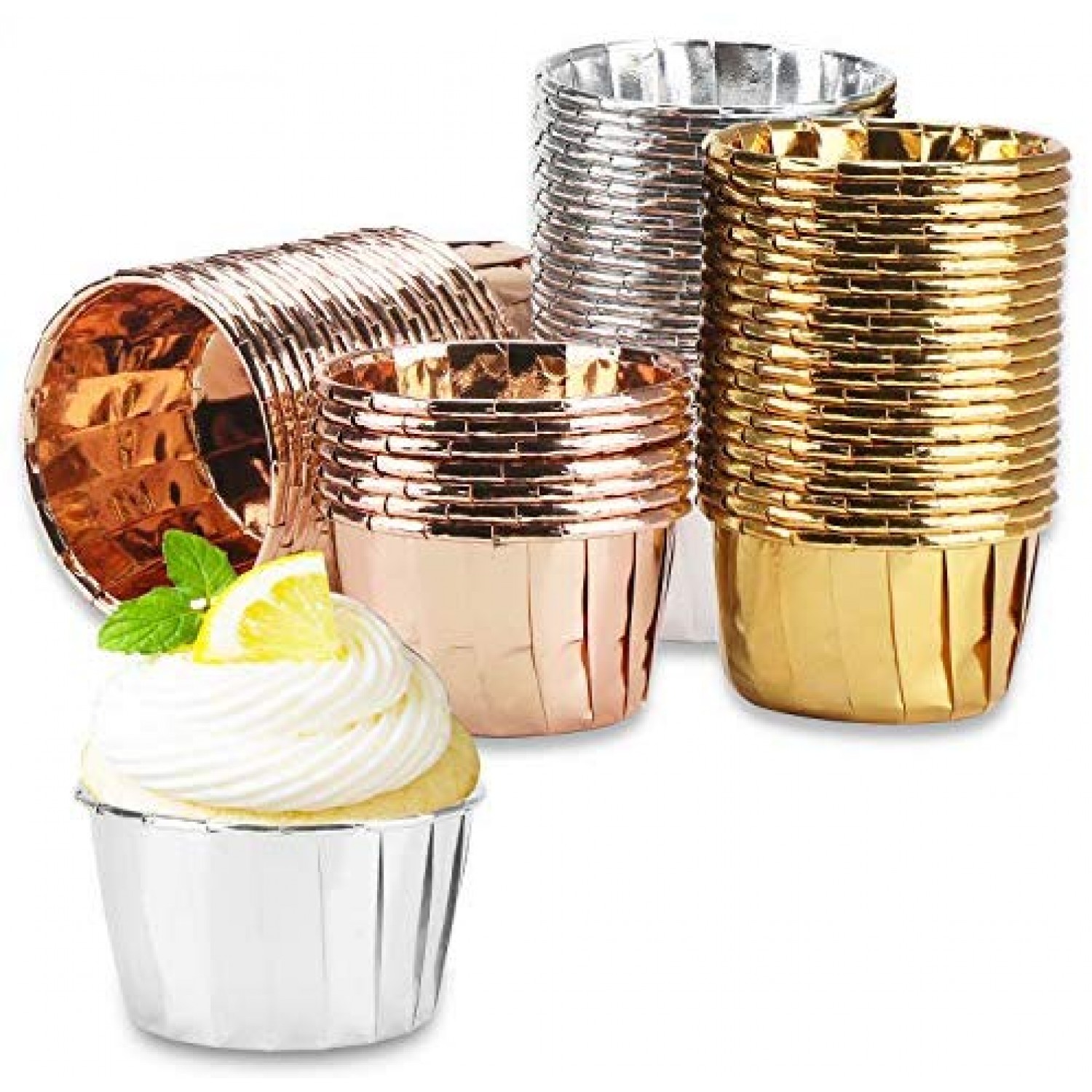 Aluminum Foil Baking Cups with Lids Cupcake Bake Utility Ramekin Clear Pudding Cups for Wedding,Christmas,Kitchen,Birthday Party,Various Holiday Parties 100pcs 5 oz Gold Dessert Baking Cups Holders 