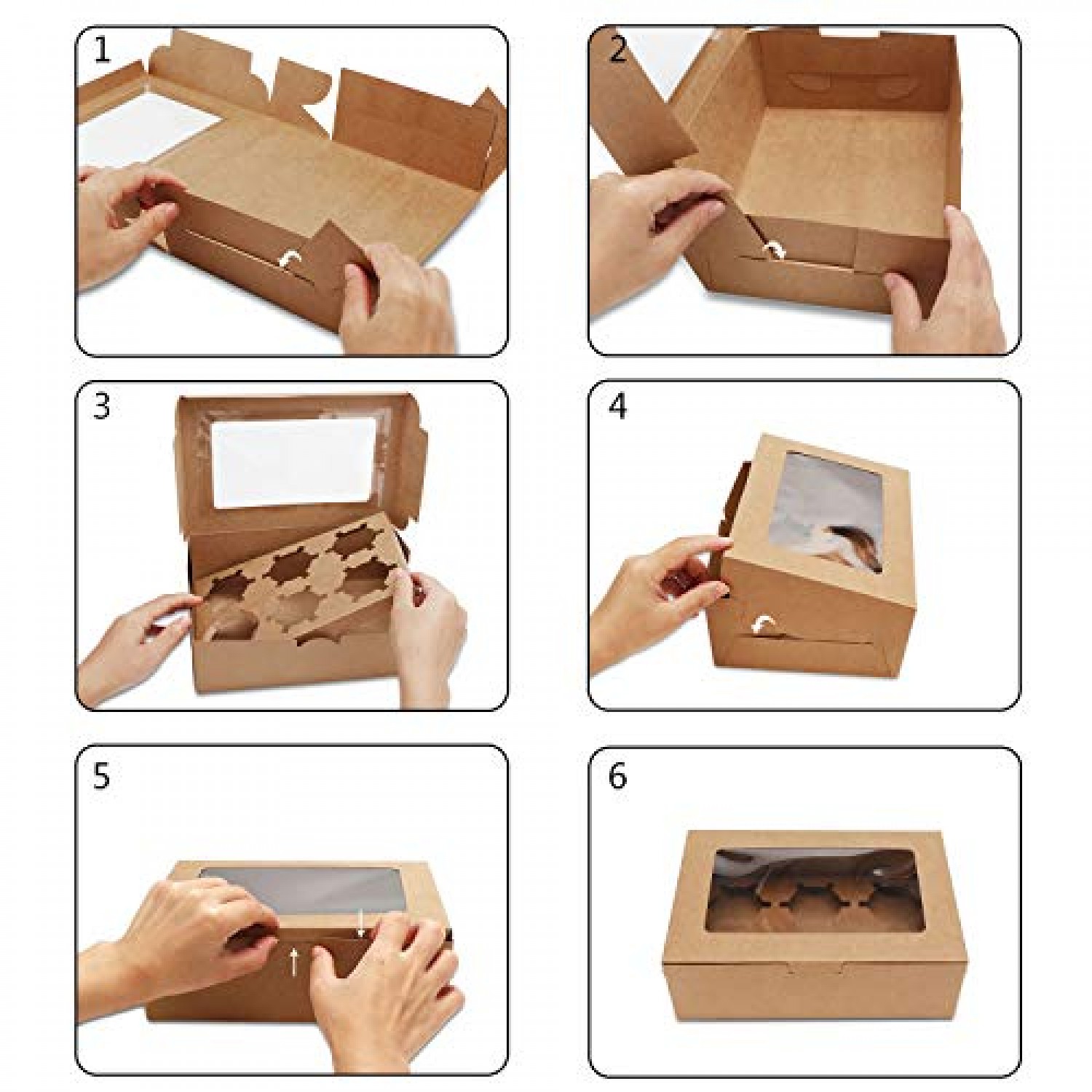 15 Packs Kraft Cupcake Boxes,Cupcake Carrier,Cupcake Display,Cupcake Container,Kraft Bakery Boxes with Inserts and Display Window Holds 6 Standard Cupcakes Muffins 
