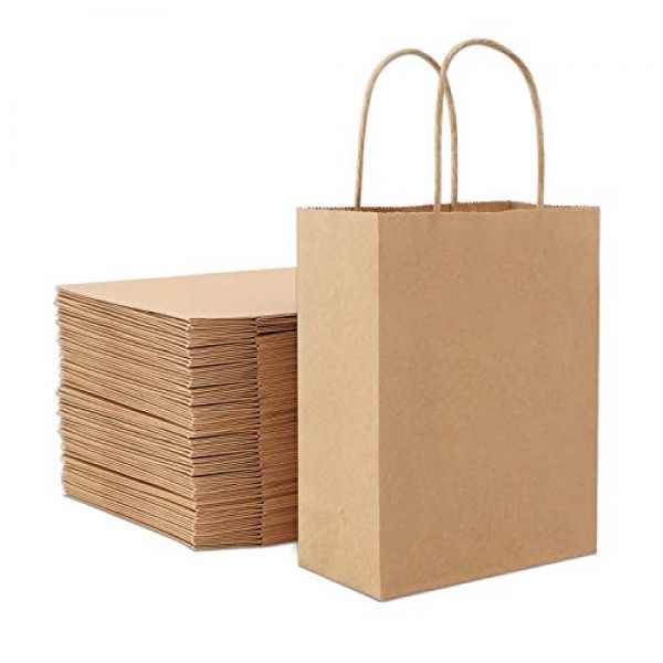 50pcs Brown Kraft Paper Bags, Eusoar 6.3"x 3.2"x 8.3" Gift Bags, Shopping Bags, Standable Retail Merchandise Bags, Party Bags, Brown Paper Bags with Handles Bulk