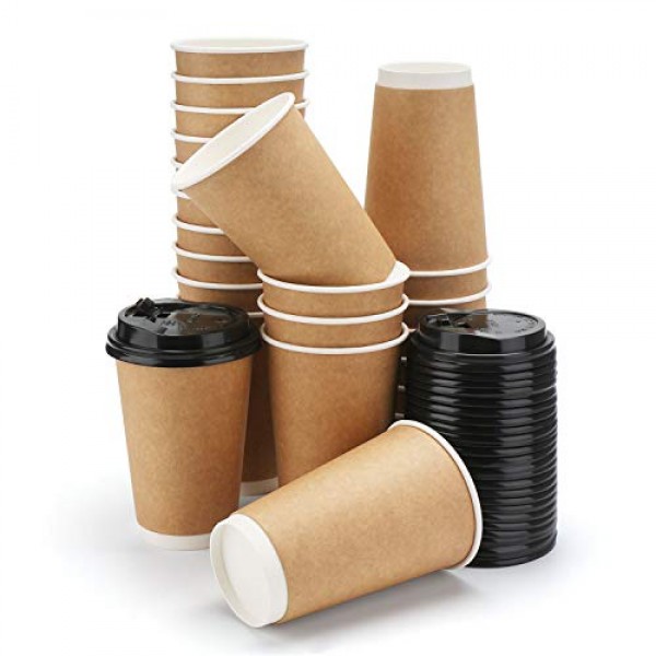 25pcs Disposable Coffee Cups With Lids, Eusoar 12 oz Disposable Double Walled Hot Cups with Lids, Water Cups, Perfect Travel To Go Party Paper Cups for Hot Coffee, Tea, Chocolate Drinks