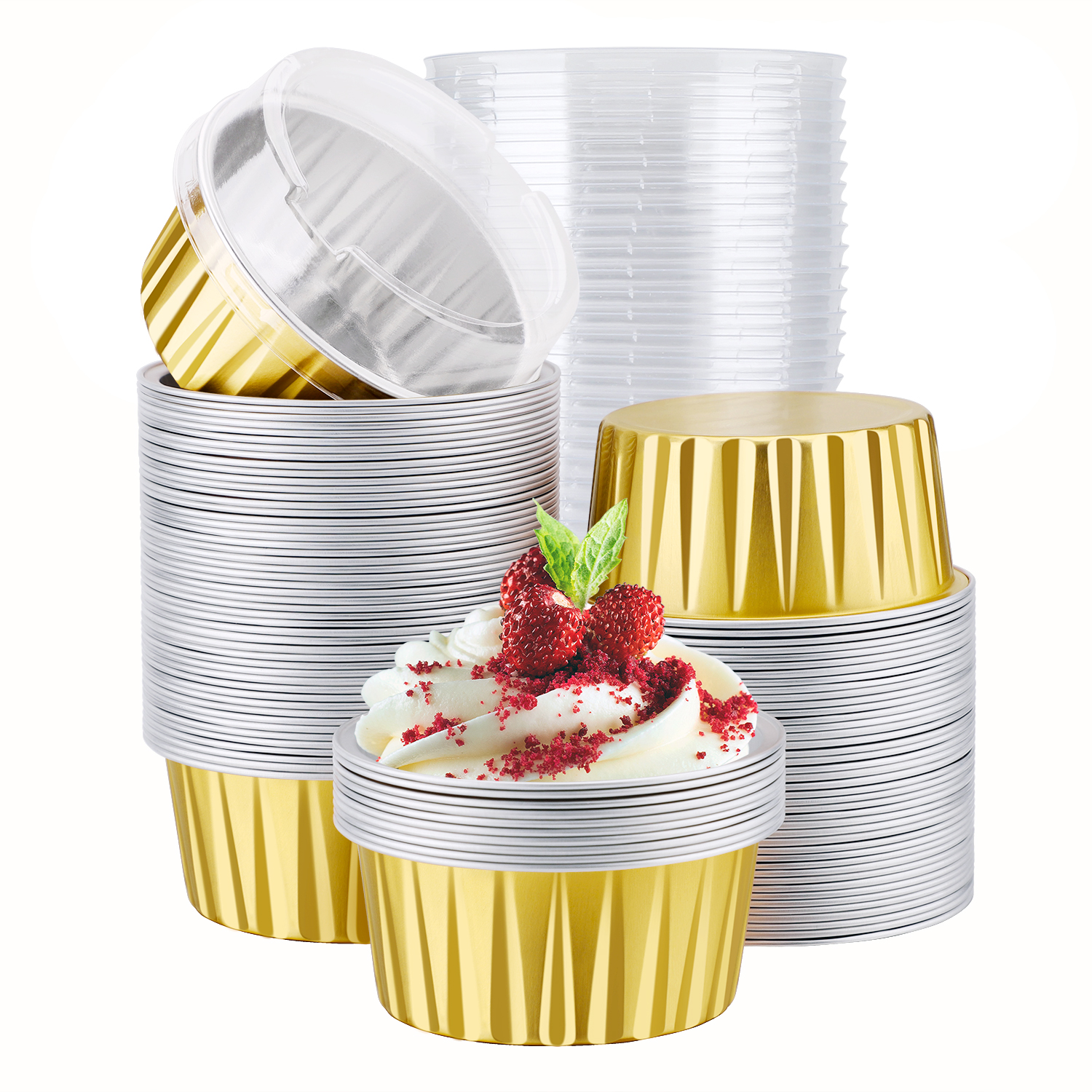 100pcs 5oz Aluminum Muffin Cups with Lid, Muffin Liners Cups with Lids,  Disposable Foil Ramekins, Aluminum Cupcake liners, Creme Brulee Ramekins,  Aluminum Foil Cupcake Baking Cups Holders Pans