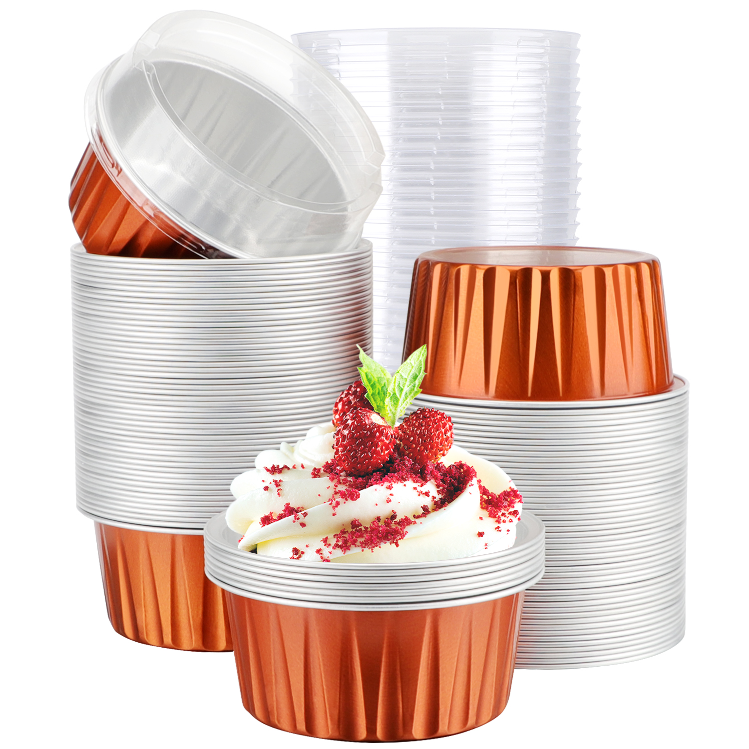 100pcs 5oz Aluminum Muffin Cups with Lid, Muffin Liners Cups with Lids,  Disposable Foil Ramekins, Aluminum Cupcake liners, Creme Brulee Ramekins,  Aluminum Foil Cupcake Baking Cups Holders Pans